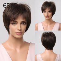 ESIN Synthetic Wigs Natural Short Brown Hair Natural daily Usage Wig With Bangs Wave Womens wigs for White and Black Women