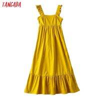 Tangada Women Solid Yellow Midi Dress Ruffles Strap Sleeveless 2021 Fashion Lady Elegant Dresses Vestido AI79