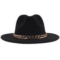 Classic Black Wide Brim Women Hats With Metal Chain Fedoras Imitation Wool Luxury Retro Men Hat With Thick Gold Chain Band Jazz