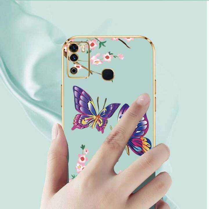 เคสสำหรับ-infinix-hot-9-play-infinix-x680หรูหราผีเสื้อที่สวยงามพร้อมกล้องดอกไม้เคสโทรศัพท์ขอบชุบซิลิโคนฝาครอบอ่อนพร้อมฟรีสายคล้อง