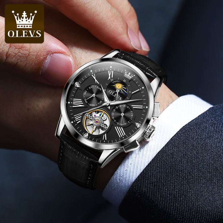 olevs-นาฬิกาอัตโนมัติของผู้ชาย-นาฬิกากลไกทำจากโลหะหนังโชว์กลไกภายในหรูหรากันน้ำของแท้