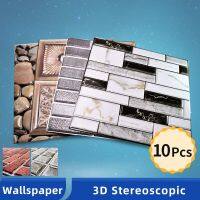 OK-B 10pcs 3D Self-Adhesive Wallpaper DIY Brick Stone Pattern Waterproof Tile Decor Wall Stickers Home Decoration For Kitchen