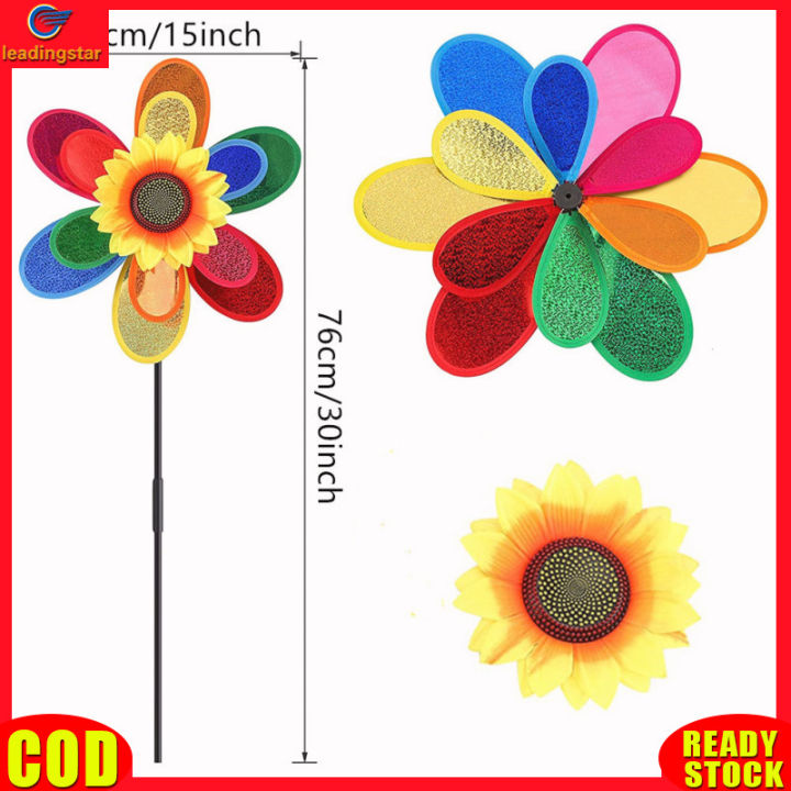 leadingstar-rc-authentic-double-layer-sunflower-shape-windmill-garden-park-outdoor-decoration-layout-pinwheels-colorful-sequin-windmill-for-party-garden