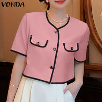 VONDA เสื้อตรงข้ามคอกลมลำลองสำหรับผู้หญิงเสื้อมีกระดุมแขนสั้นสง่างาม (ลำลองเกาหลี)