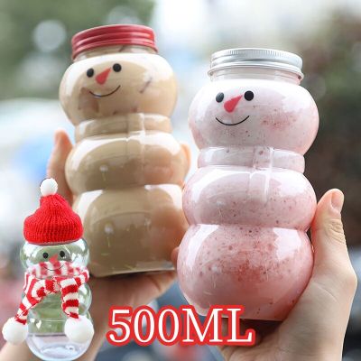 500ml Kawaii Snowman Kettle Water Cup Transparent Beverage Milk Tea Juice Sealed  Cold Drinking Bottle Christmas Decor