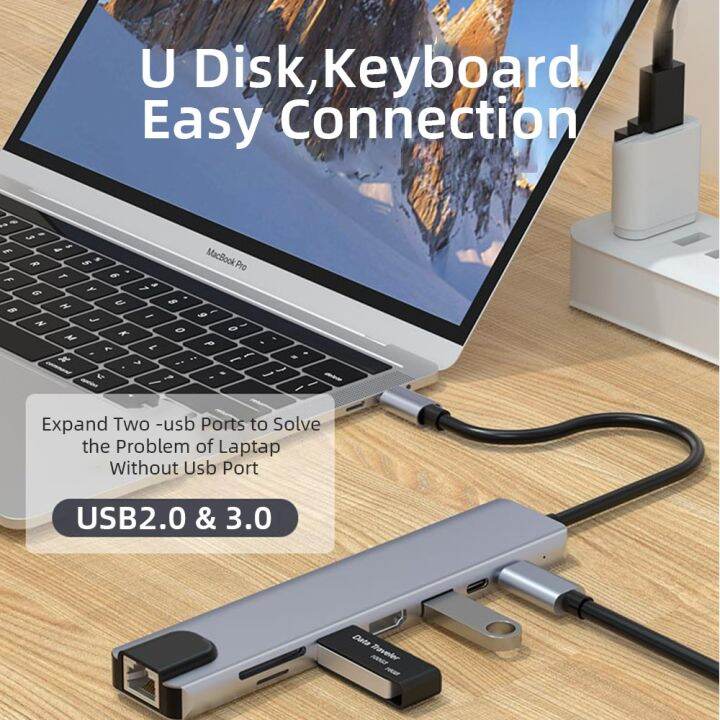 4-8ใน1-usb-ฮับ3-0สำหรับแล็ปท็อปอะแดปเตอร์พีซี-pd-ค่าใช้จ่าย8พอร์ตแท่นวางมือถือ-rj45-hdmi-4k-tf-แผงขยายสัญญาณ-macbook-type-c-splitter-feona