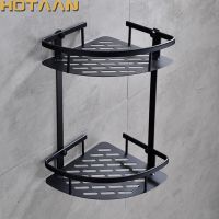 ☌ . Wall Mounted Black Aluminum Bathroom Shower Shampoo Shelf Corner Basket Holder Fashion Double Layer YT-7026-H