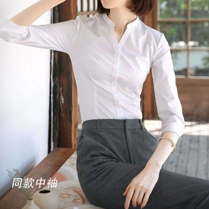 white-clothing-ladies-fashion-v-neck-shirt-joker-business-suits-hotel-receptionist-uniform-shirts-with-short-sleeves