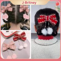 J-BRITNEY 2ชิ้นกิ๊ฟหนีบผมน่ารักเครื่องประดับผมสไตล์จีนเจ้าหญิงโบว์ติดมุกปีแถบคาดศีรษะมีพู่สีแดง Headdress กิ๊บติดผมเทศกาลฤดูใบไม้ผลิ