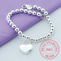 925 Sterling Silver Heart Lock 6mm Beads Chain Bracelets Jewelry Women Top Quality Lovers Bracelets Christmas Gift