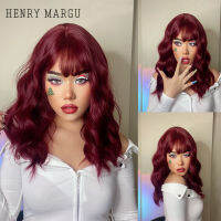 HENRY MARGU Medium Water Wave Synthetic Wigs with Bangs Wine Red Bob Curly Cosplay Party Hair Wigs for Women Heat Resistant