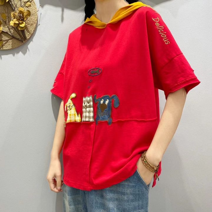 women-summer-fashion-hooded-t-shirt-female-vintage-cartoon-animal-patchwork-embroidery-short-sleeve-casual-loose-cotton-top-tees