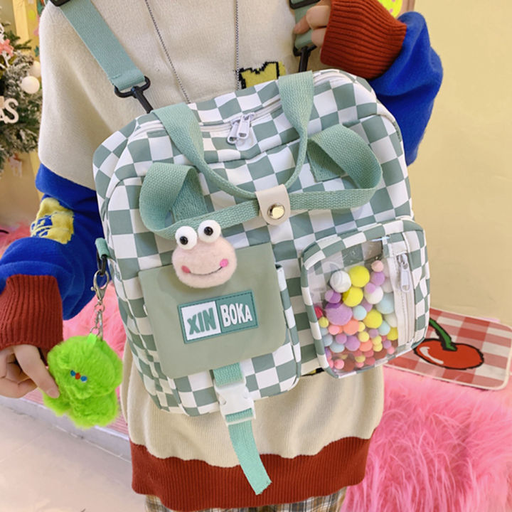 กระเป๋านักเรียนกระเป๋าสะพายลายตารางญี่ปุ่นท่องเที่ยวของเด็กผู้หญิงนักเรียนกระเป๋าหิ้วมีจี้