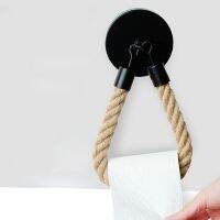 Retro Wall Sticker Jute Rope Toilet Tissue Roll Holder Matte Black Vintage Steel Paper Towel Ring for Household Storage Rack