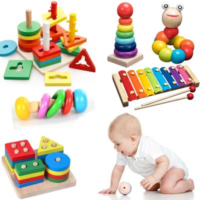 ASWJ Kids Montessori Wooden Toys Rainbow Block Kid Learning Toy Baby Music Rattles Graphic Colorful Wooden Block Educational Toy