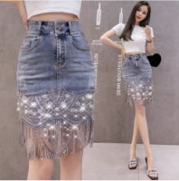 【CW】 Korean Denim Skirts Waist Hip Jeans Fashion Beading Tassel SKirt