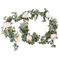 Artificial 1.8M Eucalyptus Garland with Champagne Roses Greenery Garland Eucalyptus Leaves Wedding Backdrop Wall Decor ,Home Decoration