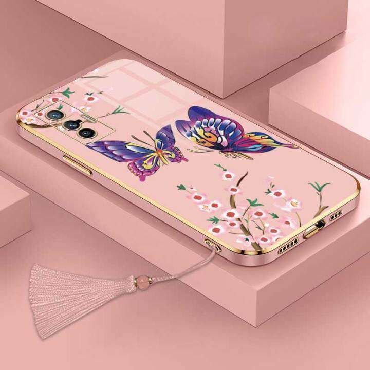 เคสสำหรับ-vivo-x70-5g-x70t-vivo-x70-pro-ผีเสื้อที่สวยงามหรูหราพร้อมกล้องดอกไม้เคสโทรศัพท์ขอบชุบฝาครอบซิลิโคนนิ่มพร้อมฟรีสายคล้อง