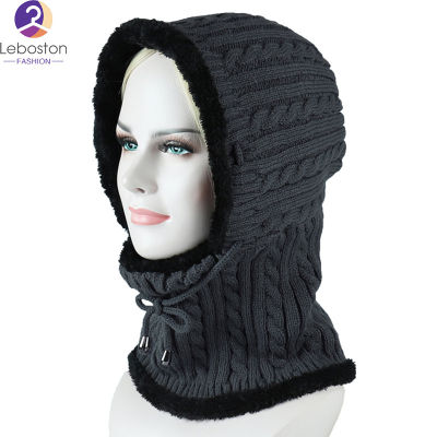 Leboston (หมวก) ผู้ชาย/ผู้หญิงหมวกฮู้ดอบอุ่นคออุ่นถัก Plush Hood ผ้าพันคอ Cap