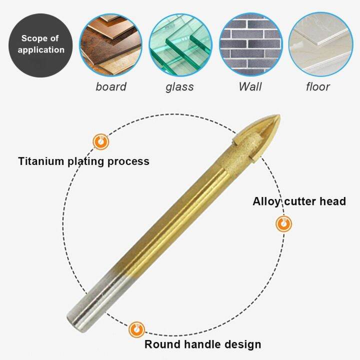 ดอกสว่านแก้วเจาะตัวเจาะนำศูนย์4คมมีดก้านกลมเคลือบไทเทเนียมสำหรับกระเบื้องเซรามิกหินอ่อนกระจก5มม-12มม