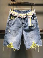 【hot】 Fashion Jeans Womens Waist New Loose Broken Contrast Color Wide Leg Ragged Short Denim Streetwear Straight Pants