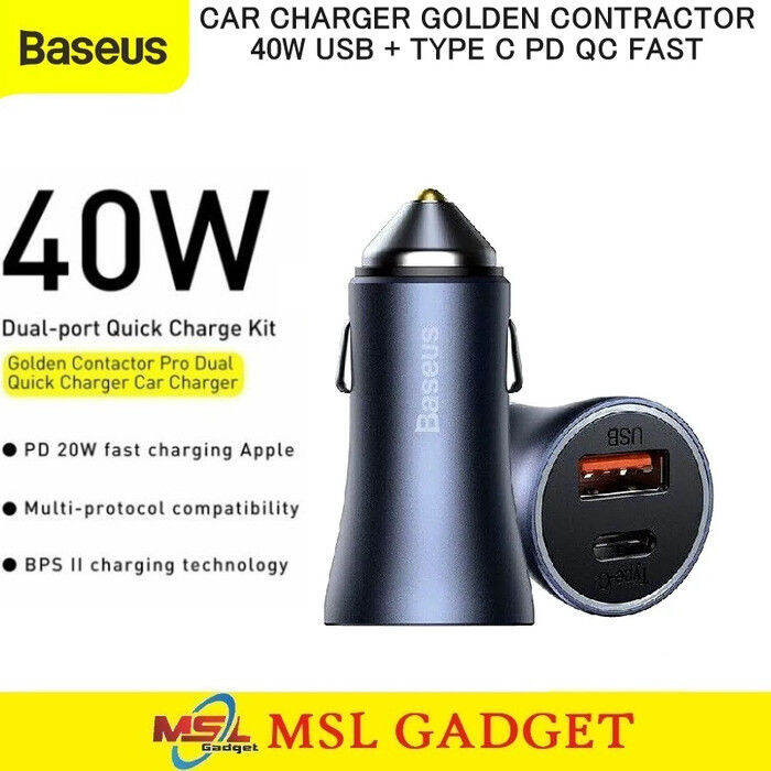 Baseus Car Charger Mobil 40W USB + Type C PD QC Fast Charging Golden