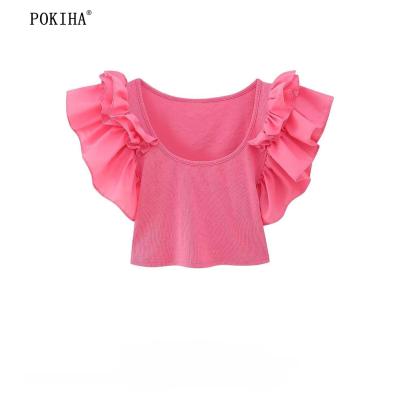 Pokiha 2023แฟชั่นผู้หญิง Slim Ruffled Flying Sleeve Design ถักเสื้อสั้นหญิงเสื้อ Blusas Chic Tops