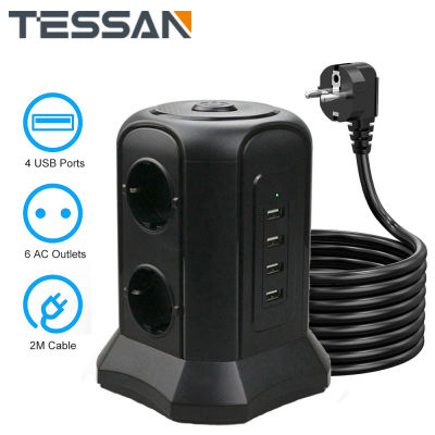 TESSAN Black Tower Power Strip Vertical overload protection with 6 AC Outlets 4 USB Ports 2M Extension Cord for Smartphone, Mp3
