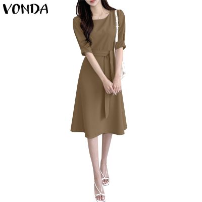 VONDA Women Korean Casual Round Neck Short Sleeve Waist Tie A Line Solid Long Dress