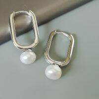 Pearl hoops | Sterling silver rectangle hoop earrings | Bead hoops | Elegant fresh pearl hoops |  | E1049