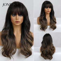 JONRENAU Synthetic Dark Brown Everyday Wigs with Bangs Natural Wave Cosplay Wigs for WhiteBlack Women Party Wear