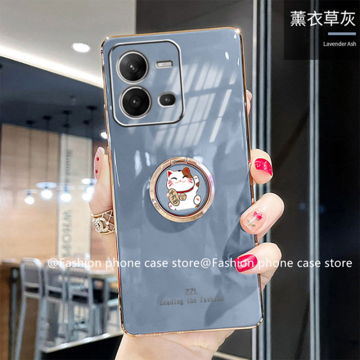 ปลอกนุ่ม-case-เคส-vivo-v25-5g-v25e-y35-2022-4กรัมลูกอมสีไฟฟ้ากรณีโทรศัพท์กับโชคดีแมวที่มองไม่เห็นแหวนนิ้วที่วางโทรศัพท์