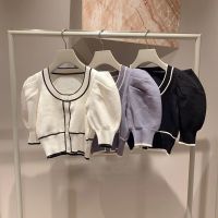 Kuzuwata Japanese O Neck Bubble Sleeve Cardigan Women 2023 Spring Slim Fit Contrast Color Sweaters Short Sleeve Sweet Outerwear