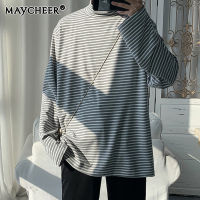 MAYCHEER เสื้อยืดแขนยาวคอสูงลายทาง,เสื้อเชิ๊ตตัวยาวเสื้อสวมหัวแฟชั่นสไตล์ลำลองใส่ได้ทั้งผู้ชายและผู้หญิงเสื้อยืดสีขาวและสีดำ