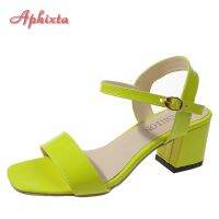 Aphixta Plus Size 46 New Summer Ankle Strap Peep Toe Leather Sandals Women Shoes 5cm Square Heel Simple FluorescentGreen Slides