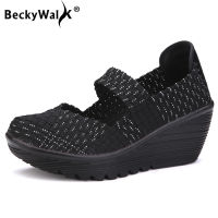 BeckyWalk ฤดูใบไม้ผลิผู้หญิงรองเท้าแตะแพลตฟอร์มรองเท้าผู้หญิงฤดูร้อนทอรองเท้ารองเท้าลิ่มแบนผู้หญิงหลายสีสุภาพสตรีรองเท้า WSH2898 ~