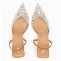 2023 Summer New Pearl Ornament Open Heels High Heels Pointed Thin Heels Baotou Sandals for Women