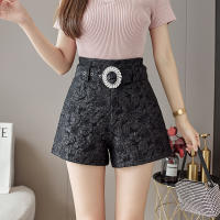 QOERLIN High Waist Shorts Women Summer Fashion Chic Diamond Buckle Belt Embossed 3D Loose A-line Wide Leg Shorts Office Ladies