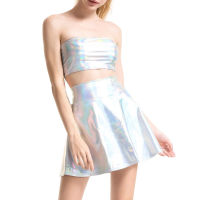 KKWomen Co-Ord Shiny Silver Holographic Tube Top Metallic Wet Look A-Line Mini กระโปรง2ชิ้นชุด Clubwear Rave เทศกาล Setq11