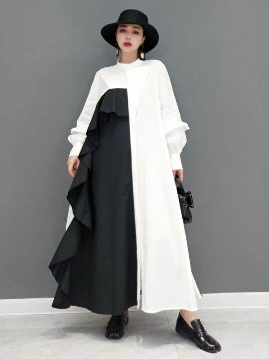 xitao-dress-asymmetrical-contrast-color-ruffles-fashion-women-shirt-dress