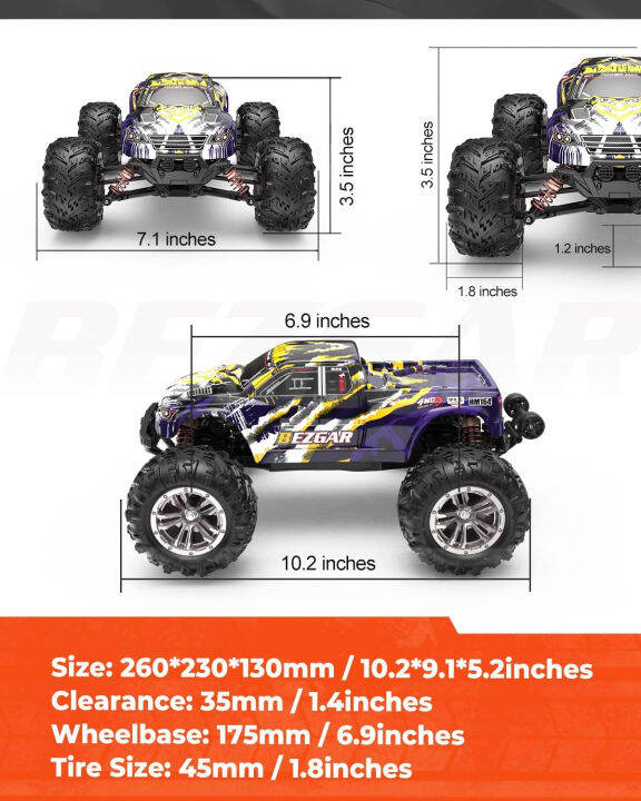 bezgar-hm164-brushless-hobby-grade-1-16-scale-remote-control-truck-4wd-high-speed-52-kmh-all-terrains-off-road-rc-monster-vehicle-car-crawler-with-3-rechargeable-batteries-for-boys-kids-and-adults-yel