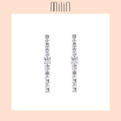 [MILIN] Silver chain drop with classic cut studs earrings ต่างหูห้อย ต่างหูเพชร ทรงเหลี่ยมตัด Myra Earrings