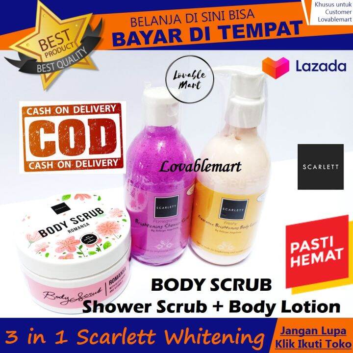 PAKET 3in1 Scarlett Whitening Body Scrub Romansa Shower Scrub Body