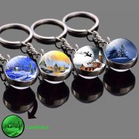 Glow In The Dark Snow House Keychain Double Sides Christmas Tree Glass Ball Keyring Car Key Chain Christmas Gift Key Chains
