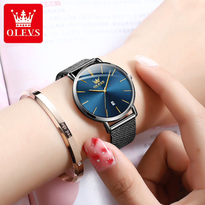 olevs-กันน้ำนาฬิกาผู้หญิง-2023-ล่าสุด-ultra-thin-original-simple-เกาหลีเกาหลีหรูหราสบายๆปฏิทิน-rose-gold-steel-band