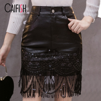 Zeolore Black Fringed Mesh Leather Skirt Sequined Punk Style Lace Embroidered Short Skirt Summer Stitching Bodycon Skirt QT1380