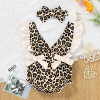 【Forever CY Baby】Baby Girl Romper Headband Set, Leopard Print V-Neck Fly Sleeve Elastic Waist Crotch Snap One Piece Bodysuit Hairband