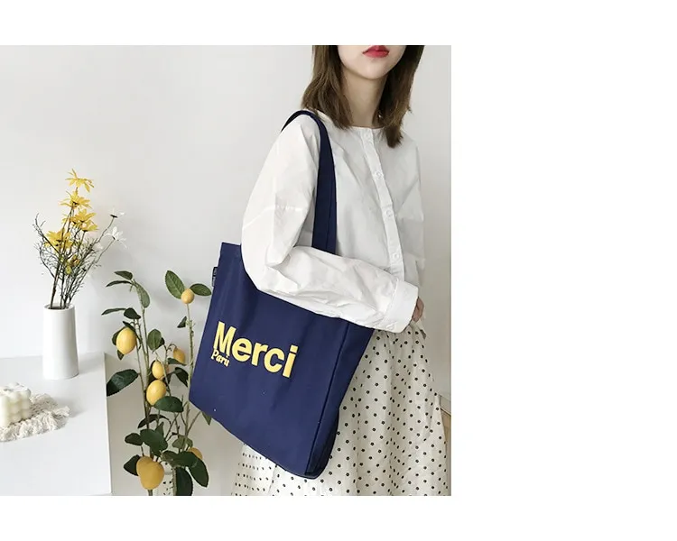 Merci Women Big Canvas Shoulder Bags French Print Eco Friendly Grocery  Shopping Bag Cotton Cloth Handbag Casual Tote For Ladies