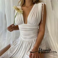 ❥Only➢Women y Sleeveless V-neck Ruched Irregular Tie Up Dress