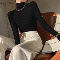 Long Sleeve T-shirts Women autumn Vintage All-match Elegant Turtleneck Ulzzang Slim Leisure Simple Ladies Solid Fashion New Chic